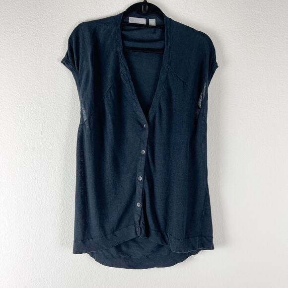 Vkoo 100% Linen Cardigan Top Womens Medium Blue V Neck Minimalist Coastal Beachy - Picture 1 of 9